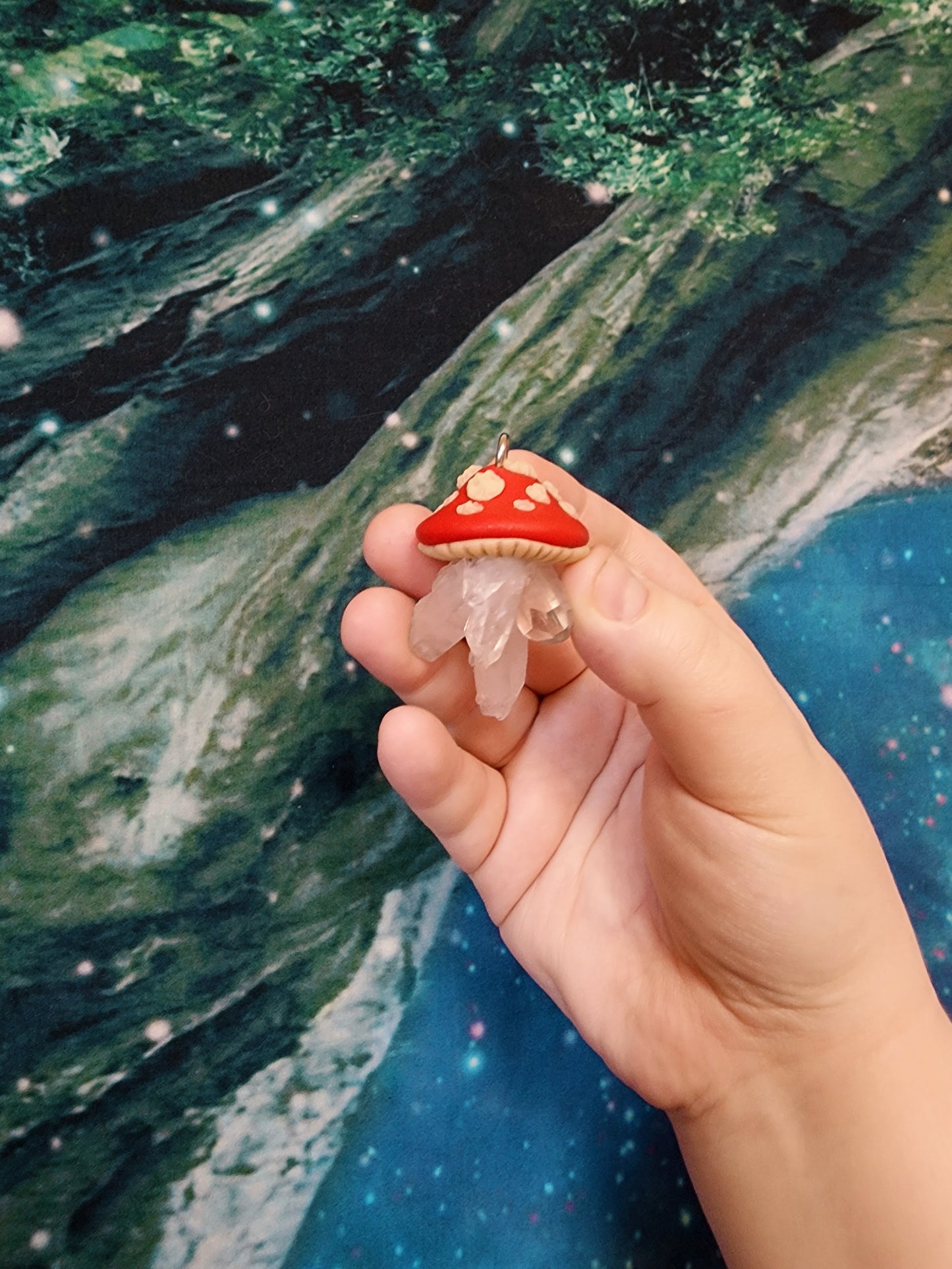 Glowing Amanita muscaria quartz pendant