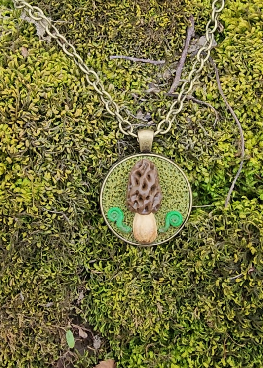 Foragers luck charm morel and fiddlehead fern pendant