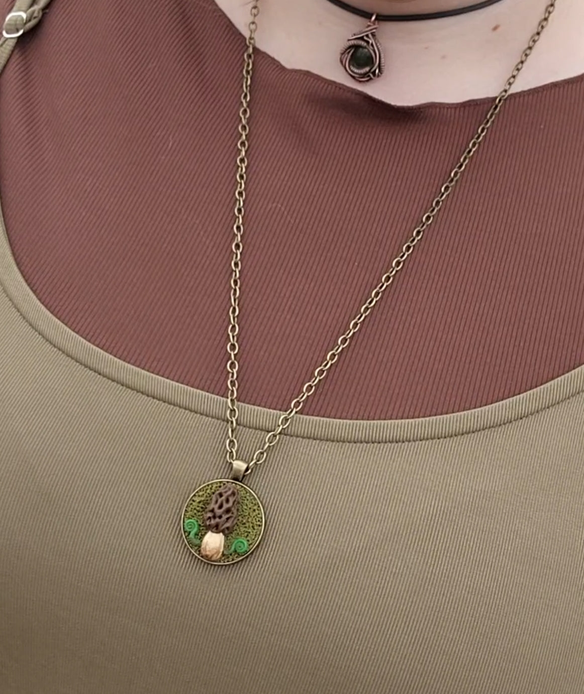 Foragers luck charm morel and fiddlehead fern pendant