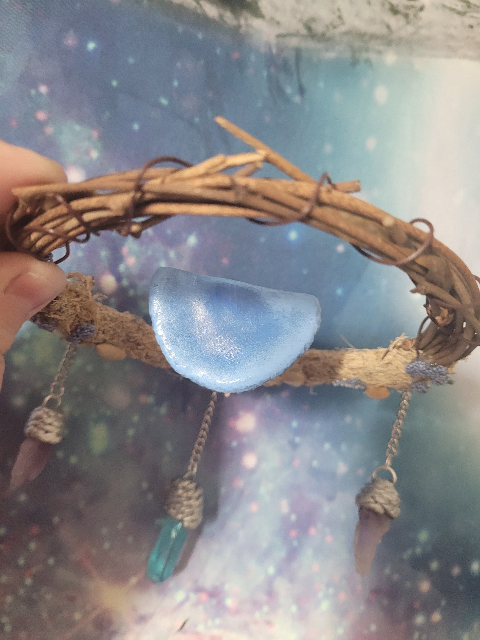 indigo milk cap art mushroom wreath fairycore fae decor witchy crystal room decor