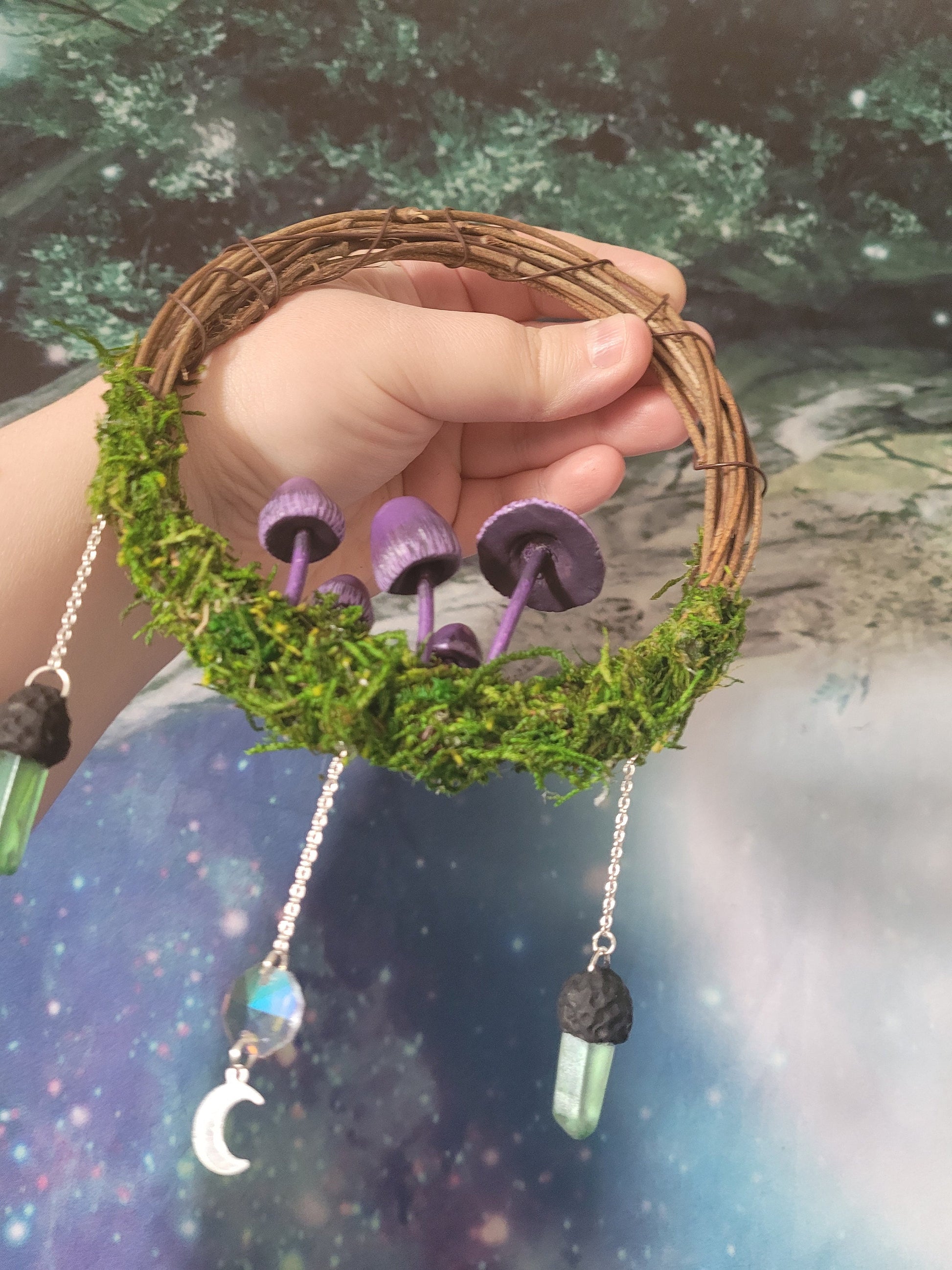 purple mushroom wreath fairycore fae decor crystal mushroom wreath mossy fairy decor