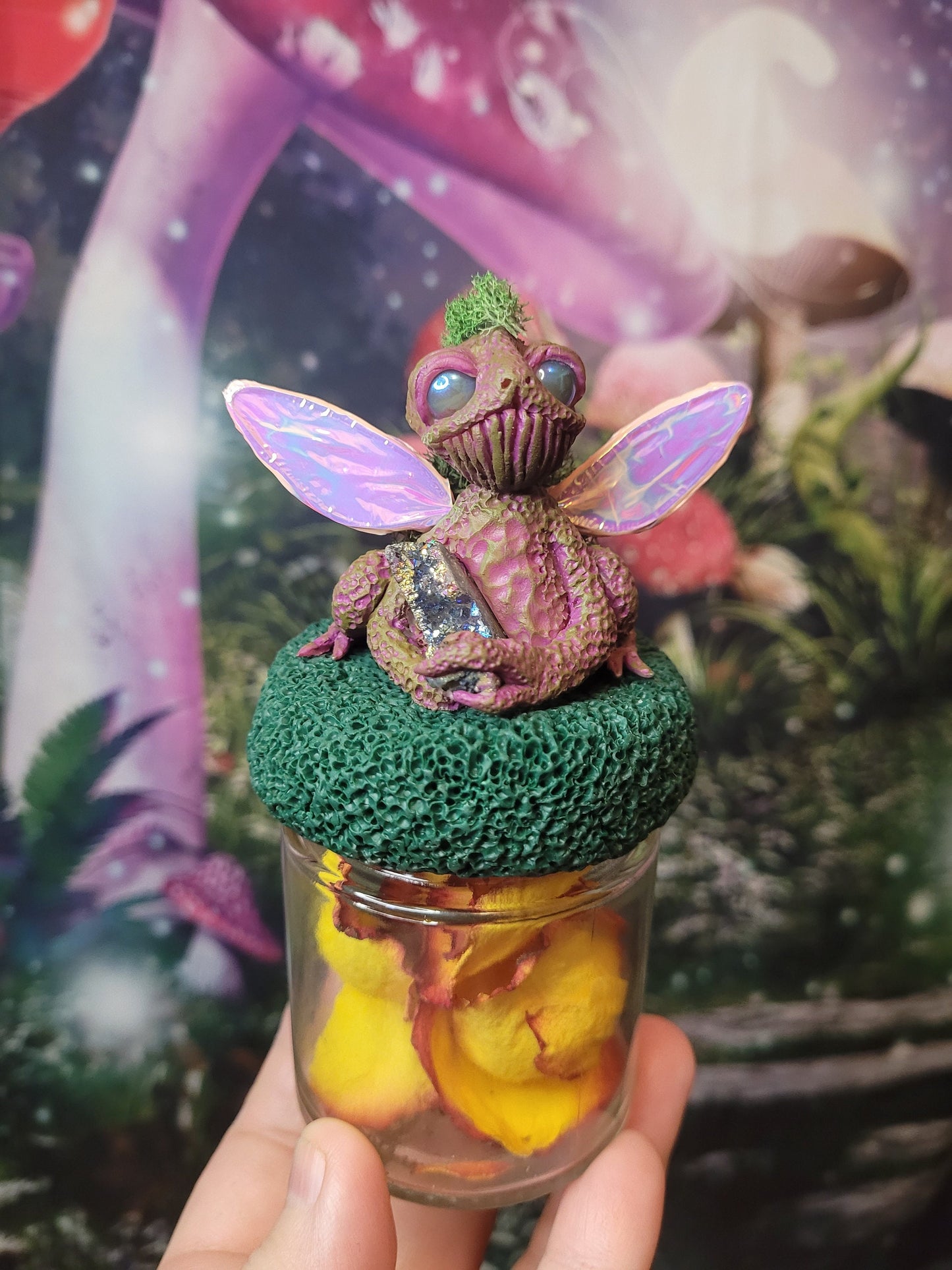 Frog fairy fairycore fae decor stash jars fantsy art RPG theme stash jar mossy crystal fairy