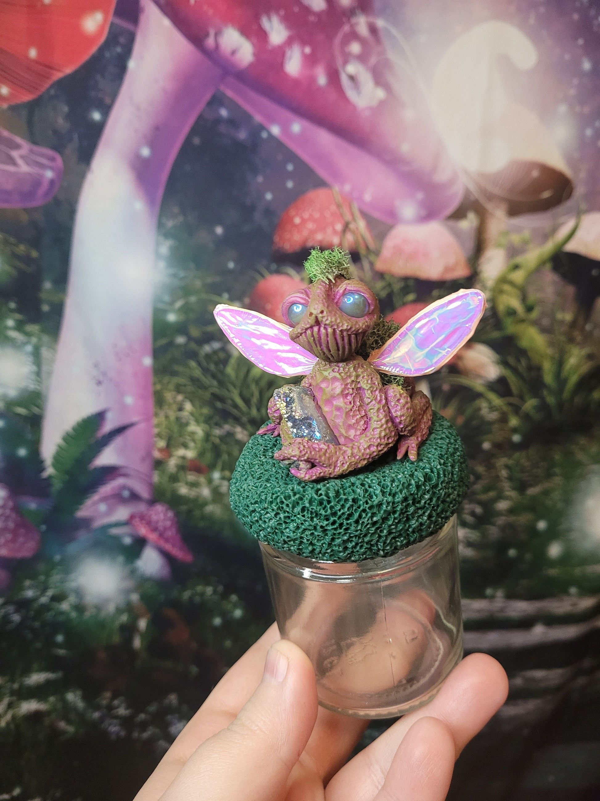 Frog fairy fairycore fae decor stash jars fantsy art RPG theme stash jar mossy crystal fairy
