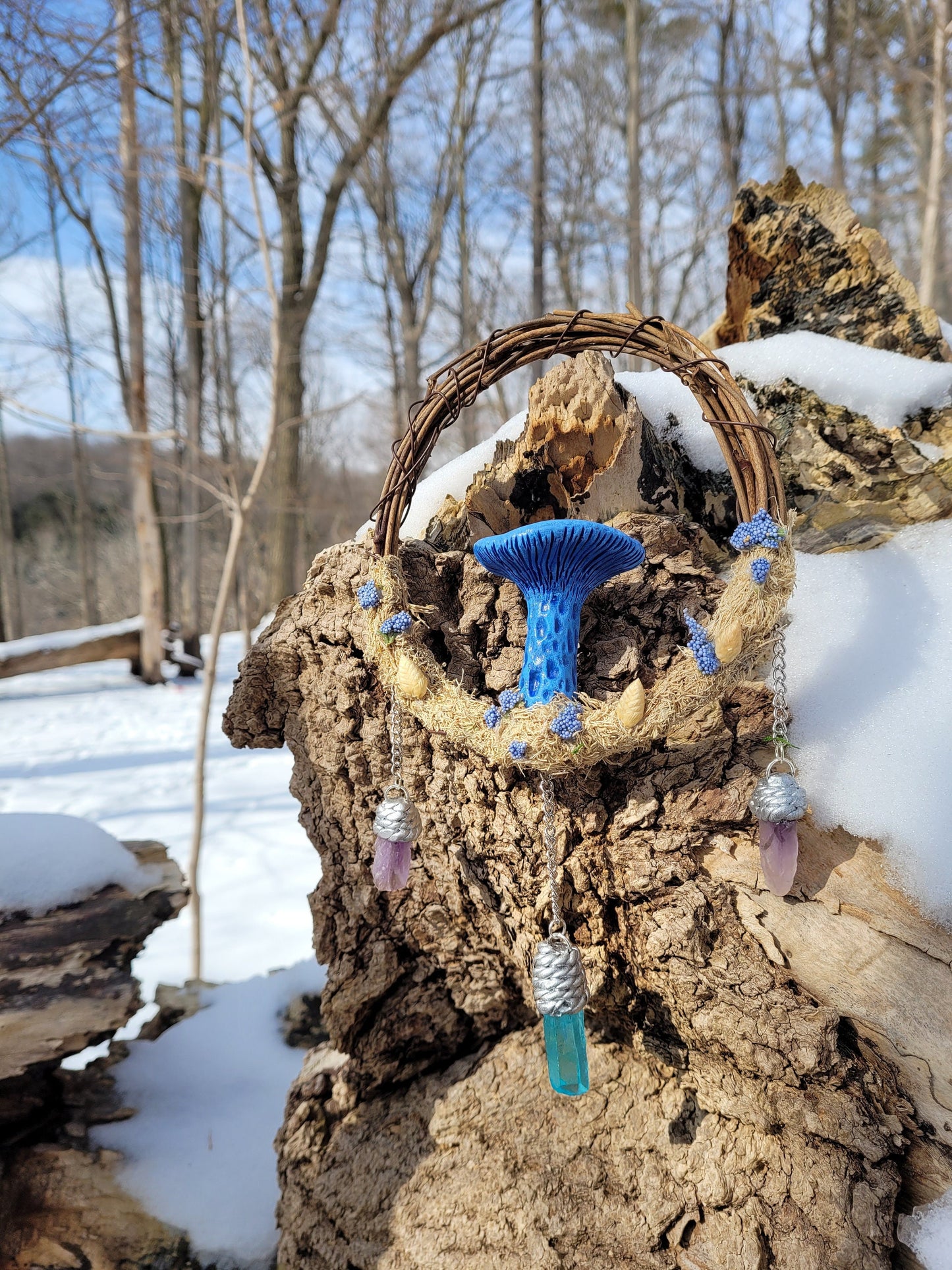 indigo milk cap art mushroom wreath fairycore fae decor witchy crystal room decor