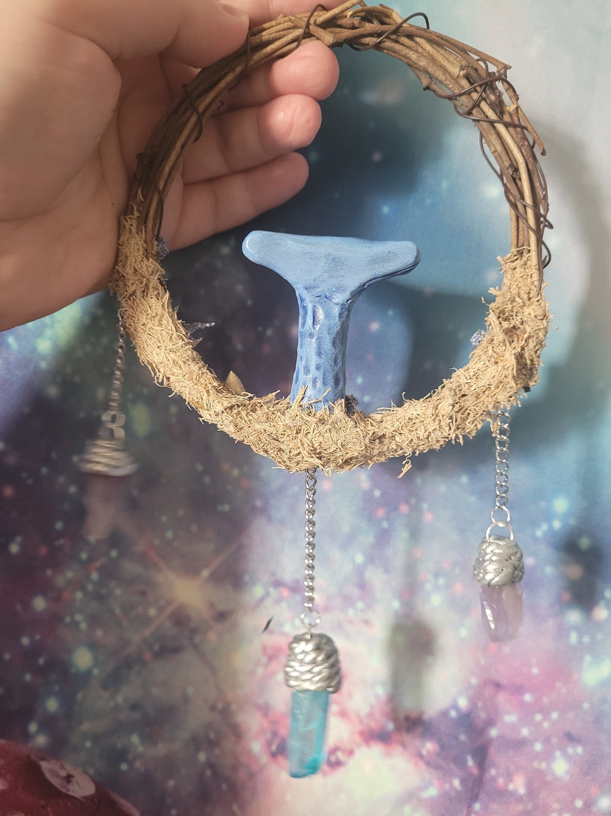 indigo milk cap art mushroom wreath fairycore fae decor witchy crystal room decor