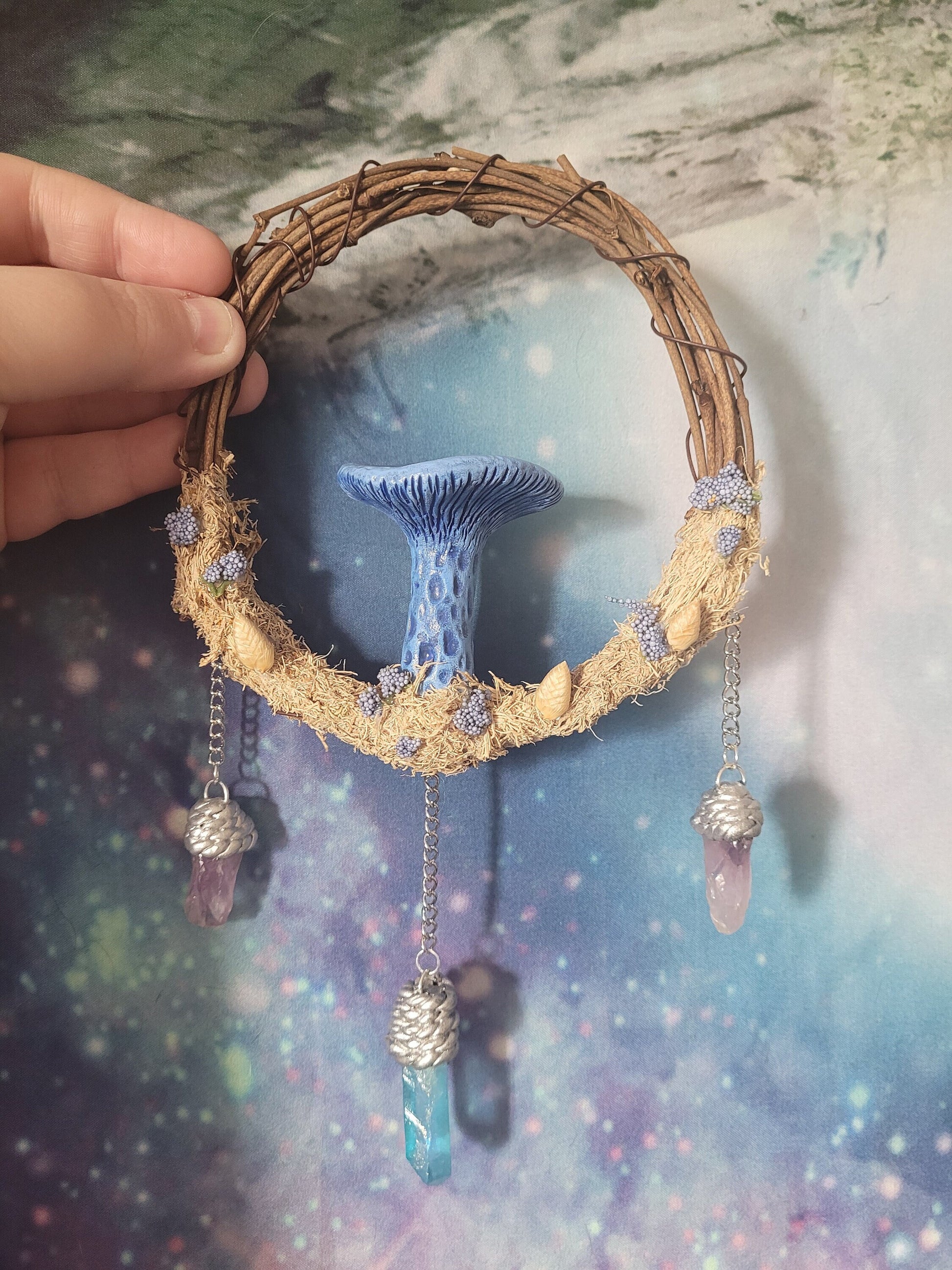 indigo milk cap art mushroom wreath fairycore fae decor witchy crystal room decor