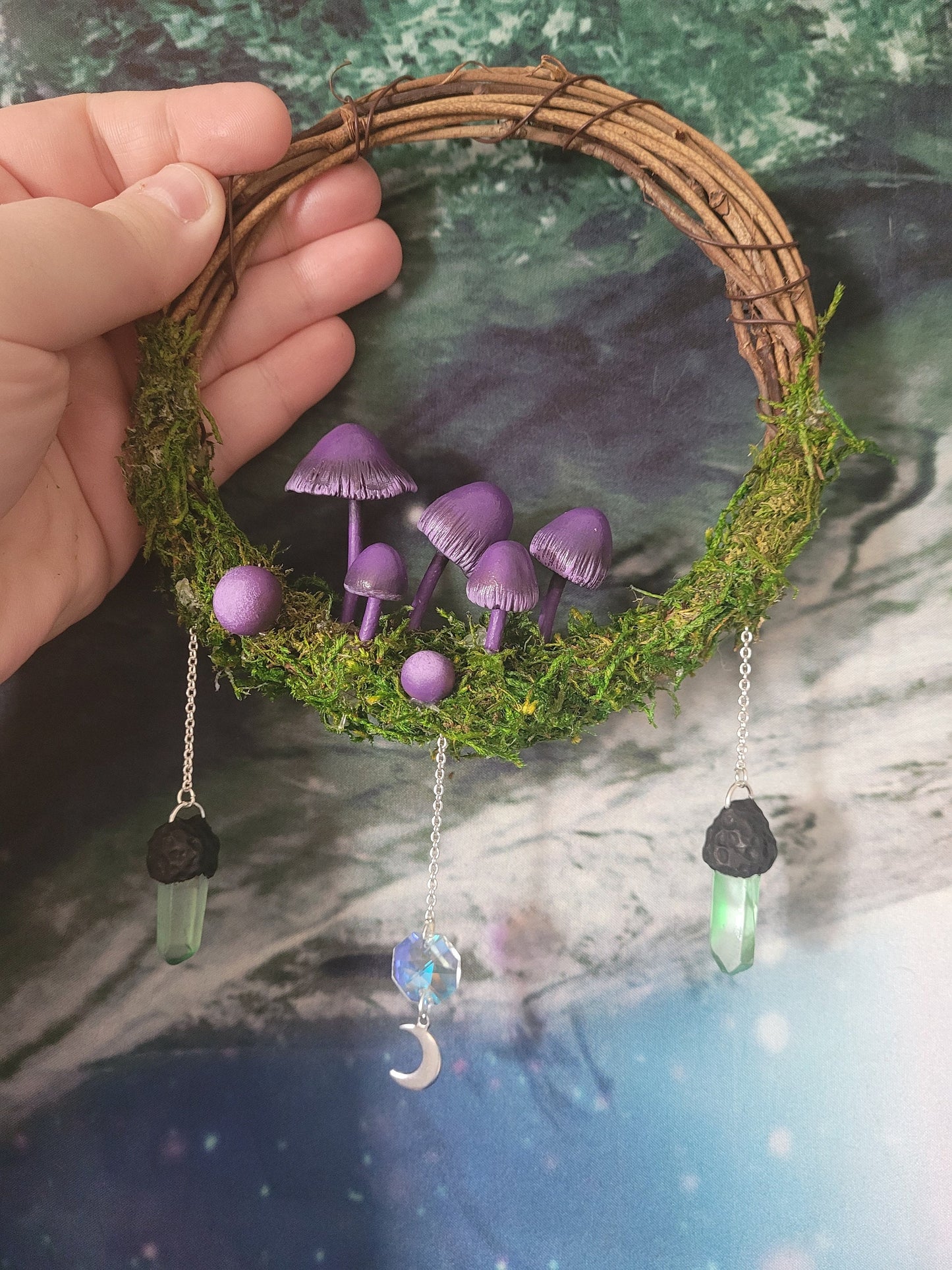 purple mushroom wreath fairycore fae decor crystal mushroom wreath mossy fairy decor