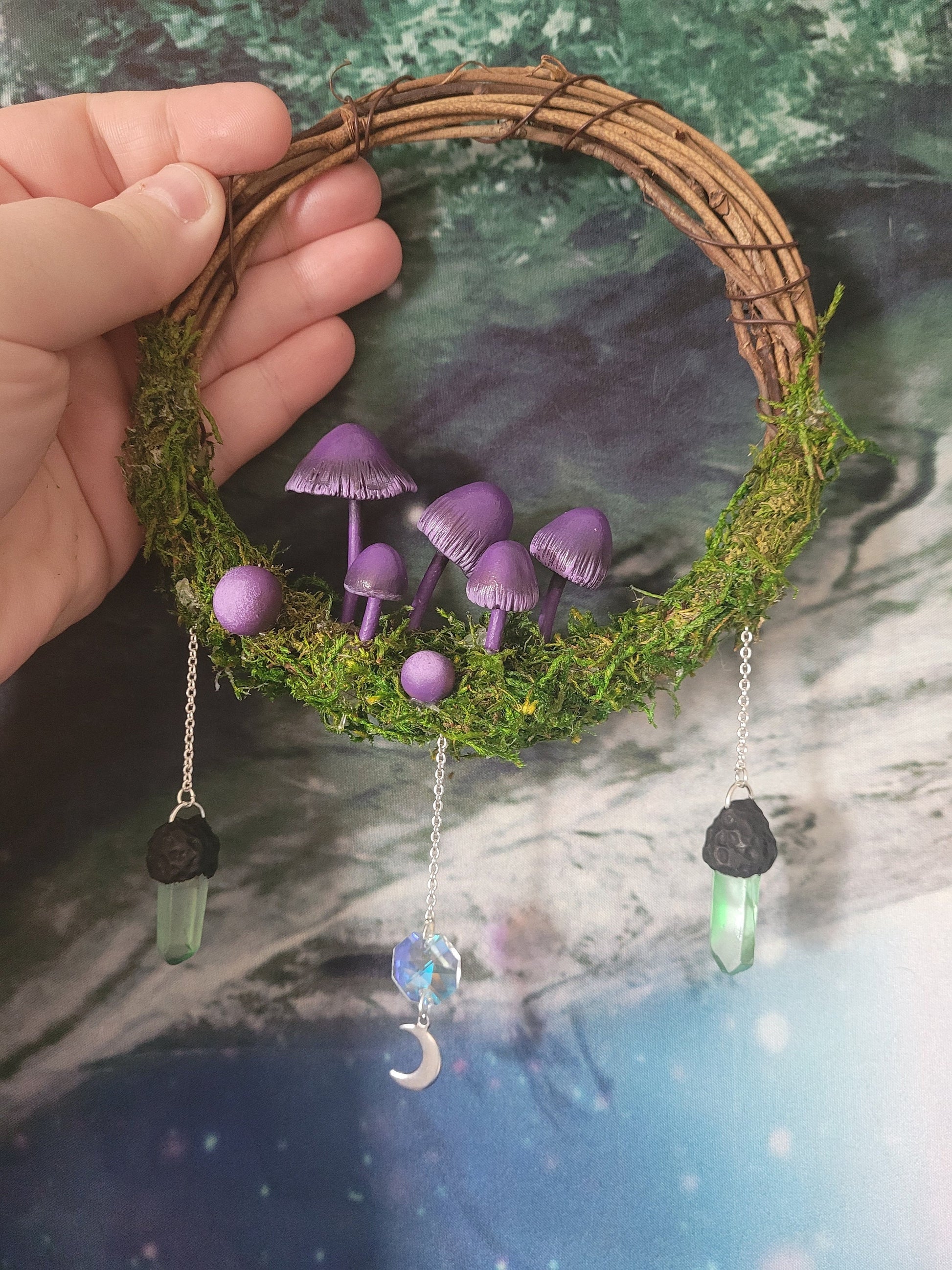 purple mushroom wreath fairycore fae decor crystal mushroom wreath mossy fairy decor