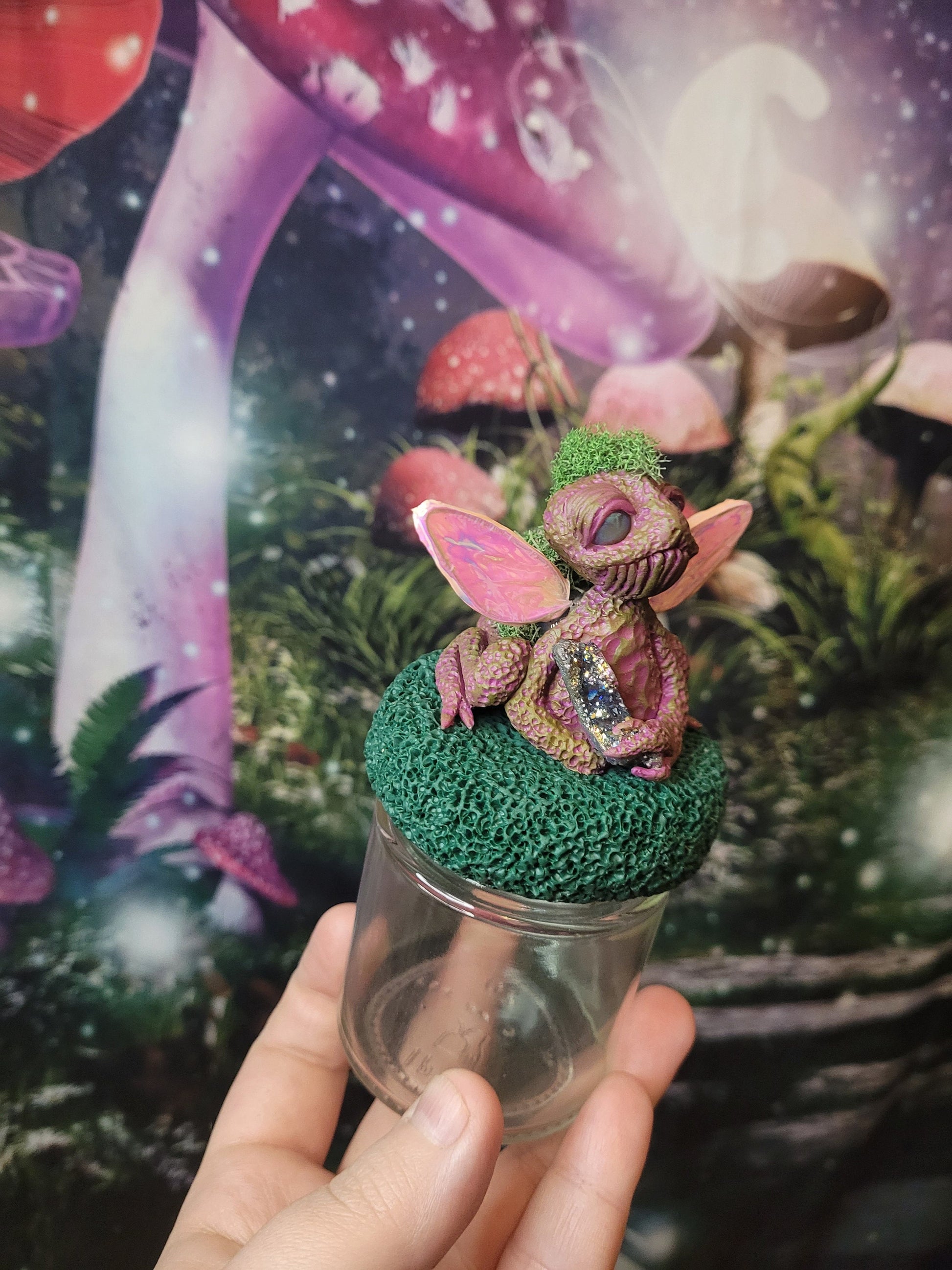 Frog fairy fairycore fae decor stash jars fantsy art RPG theme stash jar mossy crystal fairy