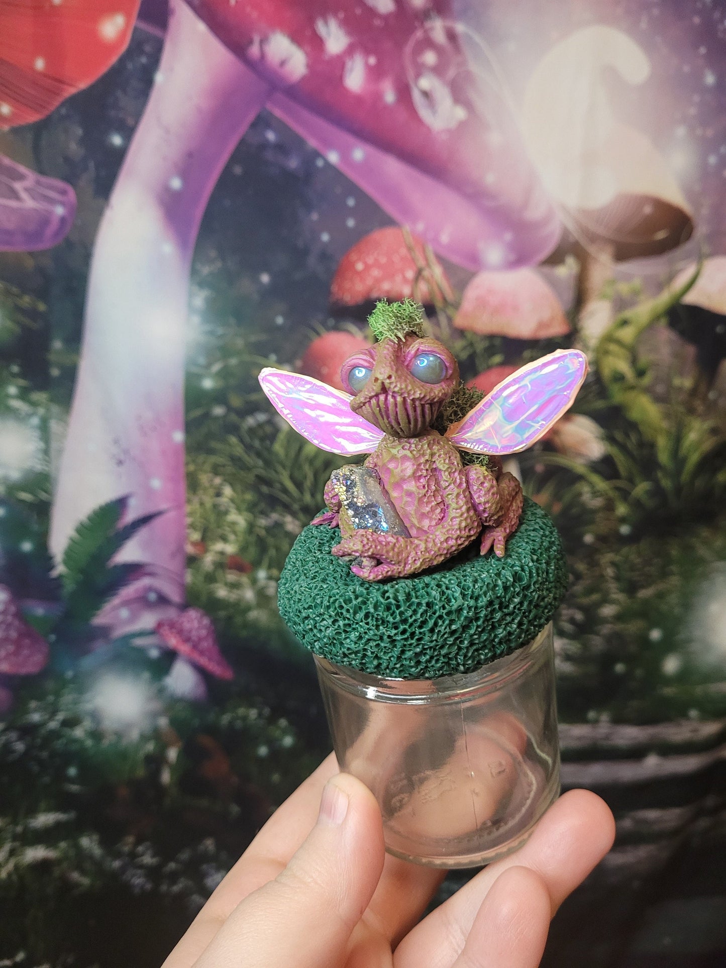 Frog fairy fairycore fae decor stash jars fantsy art RPG theme stash jar mossy crystal fairy 
