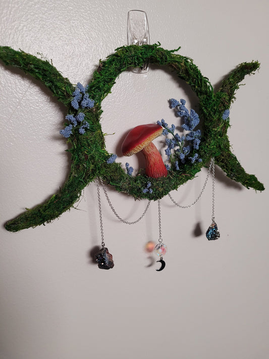 triple moon wreath wiccan decor mushroom wreath witchy decor mushroom wreath fairycore fae 