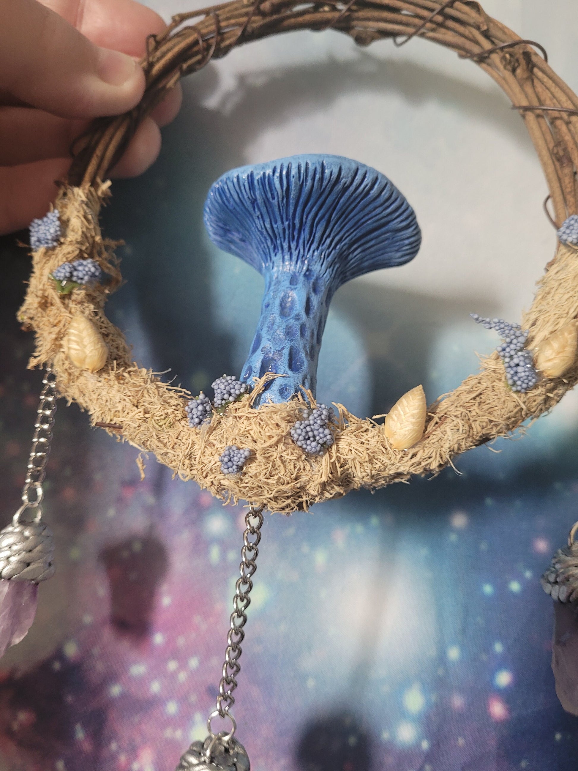 indigo milk cap art mushroom wreath fairycore fae decor witchy crystal room decor 