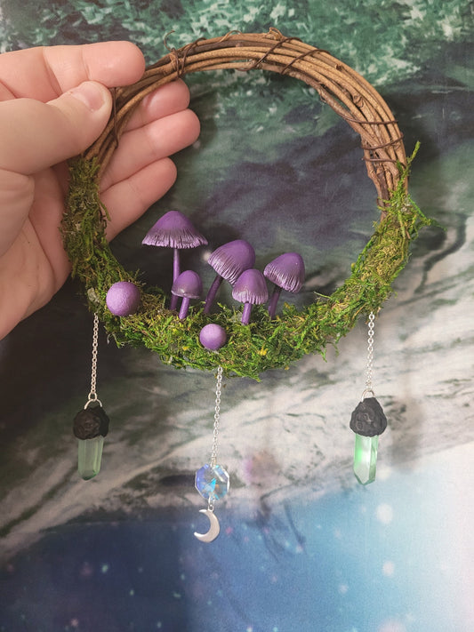 purple mushroom wreath fairycore fae decor crystal mushroom wreath mossy fairy decor 